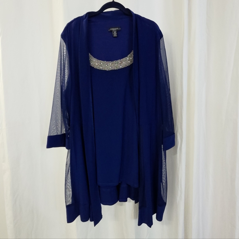 24W 3X 4X R&M Richards Royal Blue Mocked Cardigan Jacket Mesh Embellished  Jewel